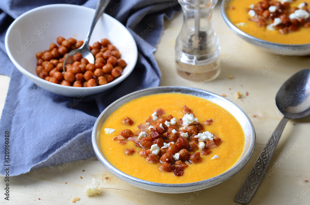 Pumpkin Soup with Chickpea, Bacon and Feta Pumpkin Soup with Chickpea, Bacon and Feta