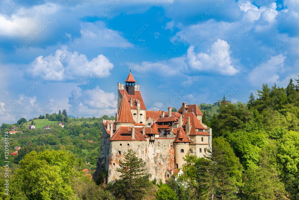Panoramic view over Dracula medieval Castle Bran, the most visited tourist attraction of  Brasov, Transylvania, Romania