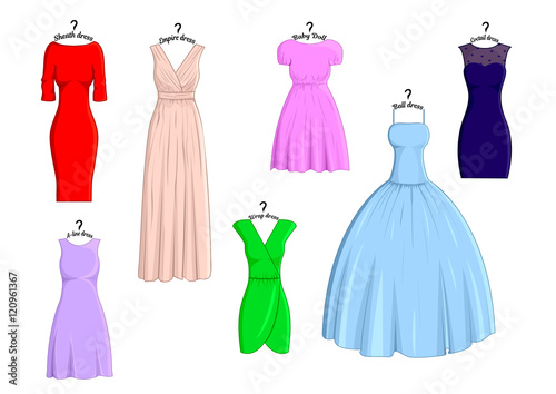 Set of different types of dresses with names that are stylized in the hanger