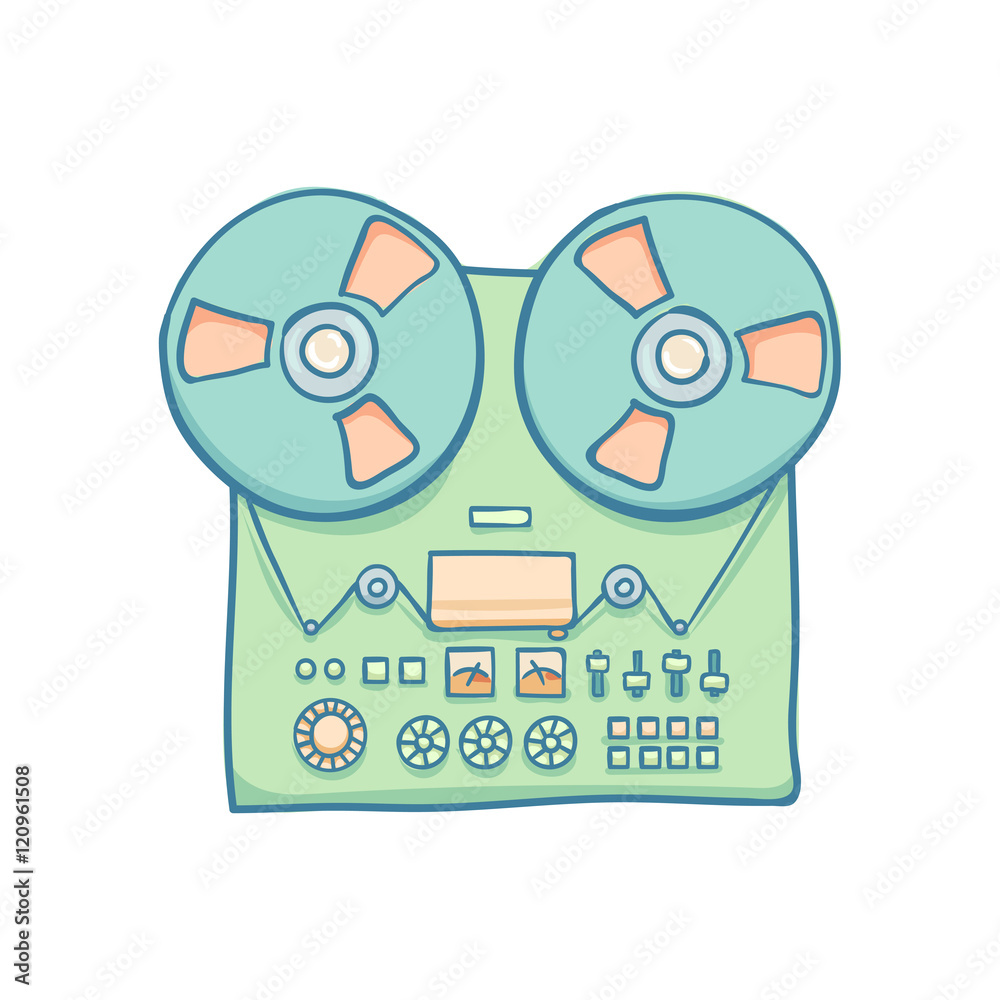 Reel-to-reel audio tape recorder. Handheld reel tape recorder, hand drawn  retro illustration, isolated on white. Suitable for banner, ad, t-shirt  design. Vintage tape spool design element Stock Vector