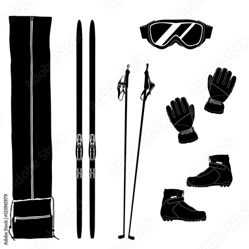 Silhouettes of ski equipment icons. Black and white vector illustration