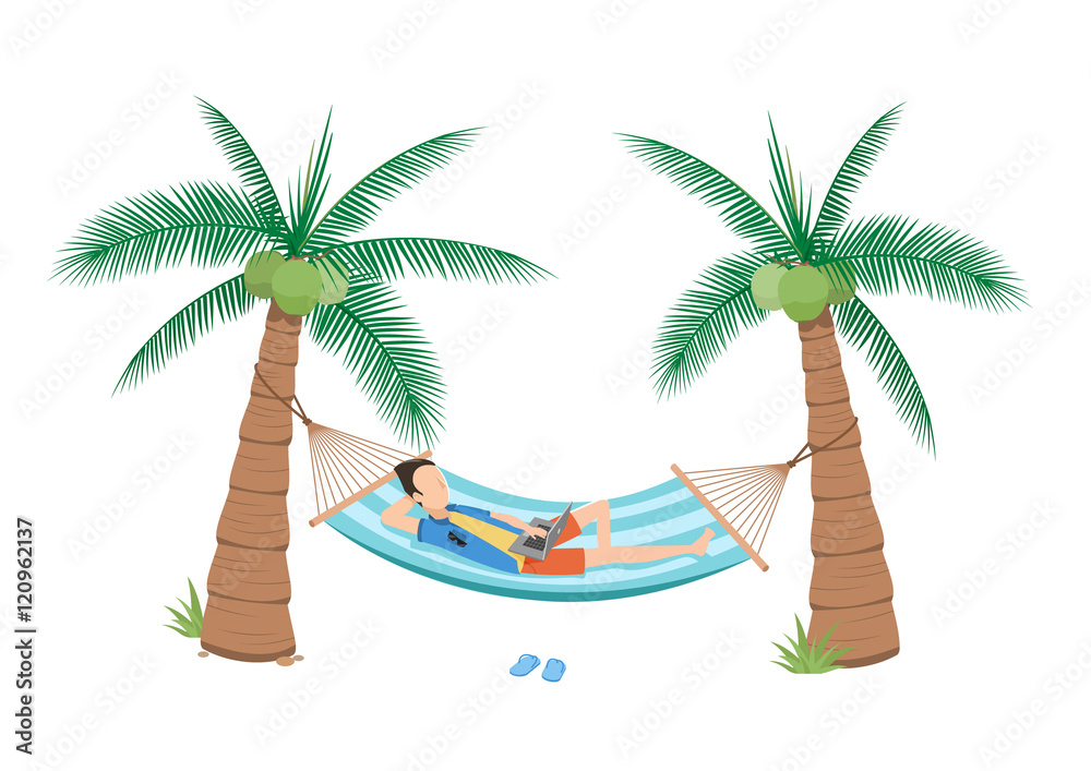 man chilling  in a hammock  under two coconuts tree