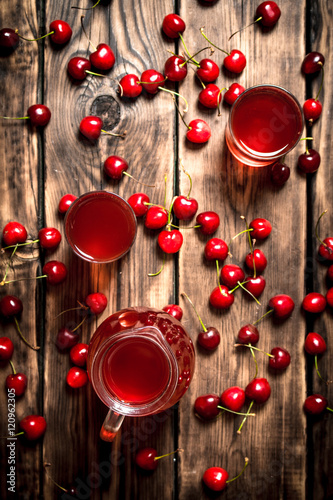Cherry juice in jug and glasses.