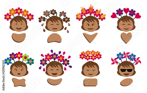 Icons of a woman showing emotions with facial expressions and flowers