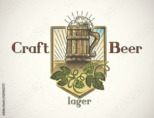 Mug of beer in a graphic style and elements of the branches of hops. Hand-drawn illustration.