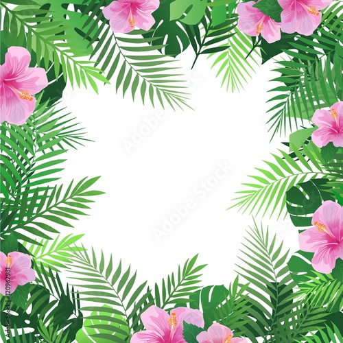 Summer tropical background with palm leaves and hibiscus flowers. Exotic wallpaper  card  poster  placard  frame.