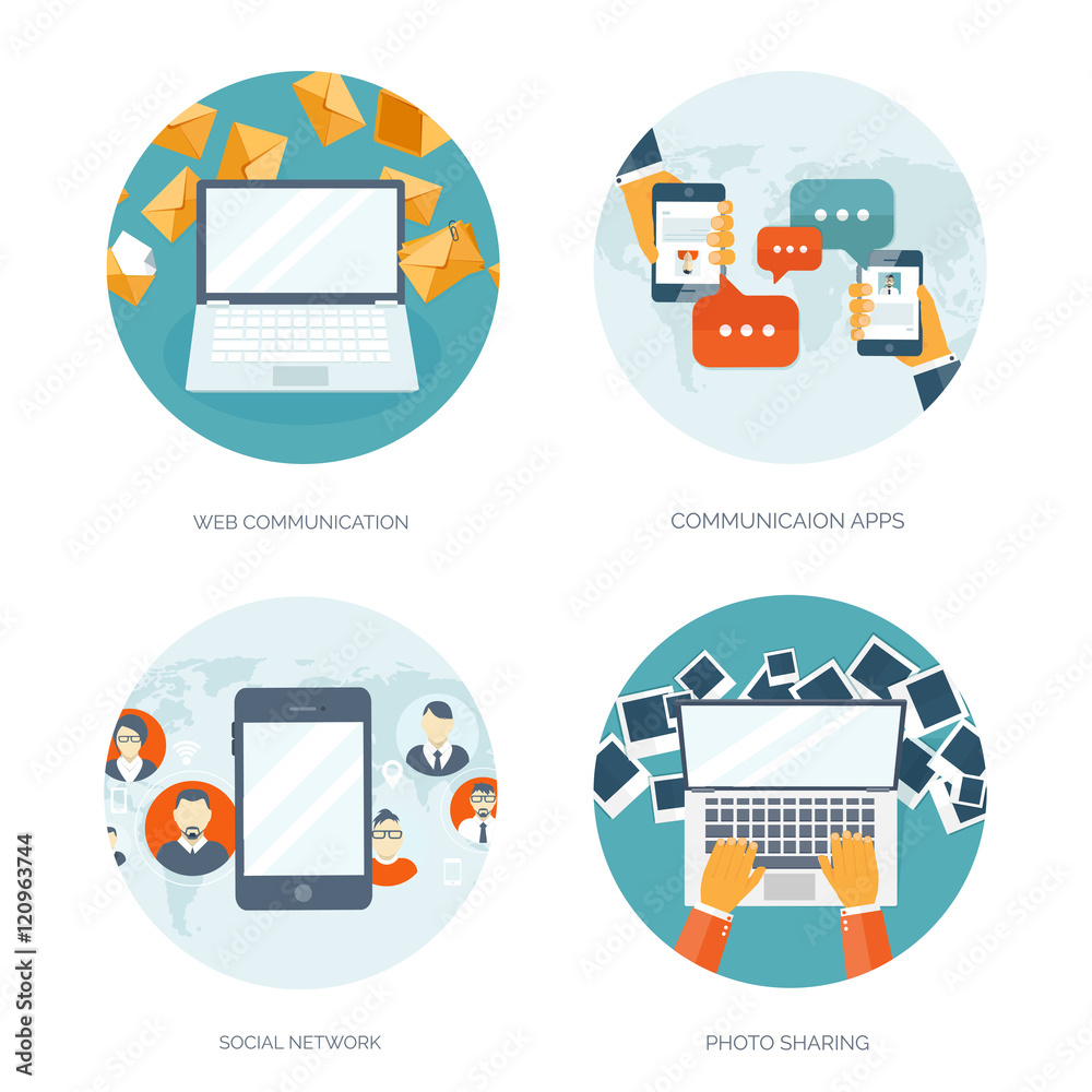 Vector illustration. Flat background. Social media, chatting. Global communication. Laptop, computer, loudspeaker. Emailing. Web chat, internet messages. Sms. Vector illustration. Flat background. Social media, chatting. Global communication. Laptop, computer, loudspeaker. Emailing. Web chat, internet messages. Sms.