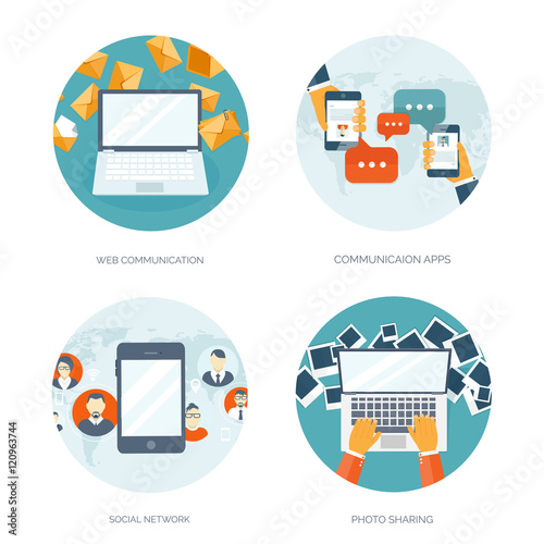 Vector illustration. Flat background. Social media, chatting. Global communication. Laptop, computer, loudspeaker. Emailing. Web chat, internet messages. Sms.