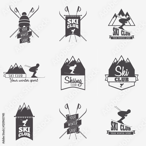 Set of ski club, Patrol Labels. Bundle of vintage mountain winter camp explorer badges. Outdoor adventure logo design.
