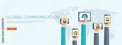 Vector illustration. Flat background. Social media, chatting. Global communication. Laptop, computer, loudspeaker. Emailing. Web chat, internet messages. Sms.