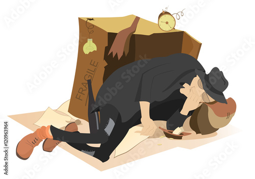 Sleeping beggar. Hungry and chilled man sleeps near a cardboard box and a plate with small change in
