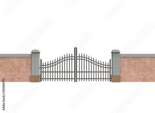 3d illustration of wall with metal gates. white background isolated. icon for game web. 