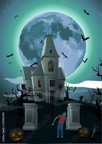 Halloween night: moon beautiful castle, chateau zombie zombi gat