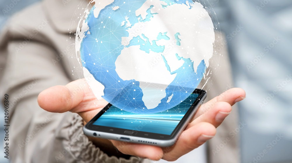 Businessman holding digital tactile world ‘3D rendering’ Businessman holding digital tactile world ‘3D rendering’