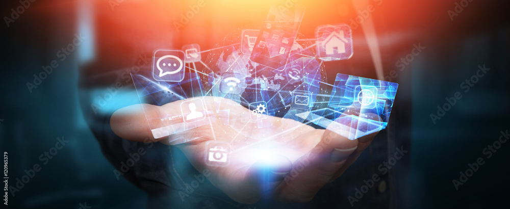 Tech devices and icons connected to digital planet earth Tech devices and icons connected to digital planet earth