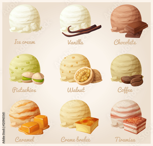 Set of cartoon vector icons. Ice cream scoops with different fruit flavors. Vanilla, chocolate, pistachio, walnut, coffee, caramel, creme brulee, tiramisu