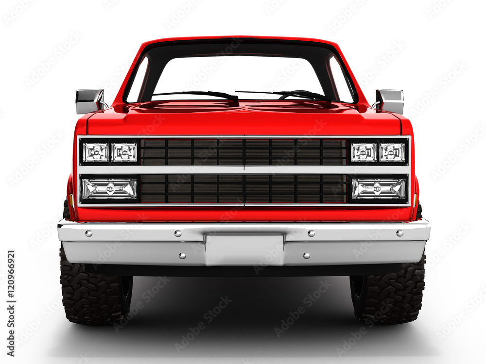 Red pickup truck isolated on white 3d - obrazy, fototapety, plakaty 