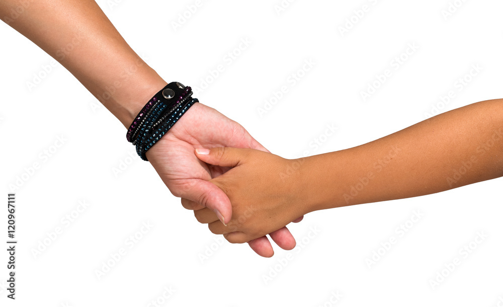 Mother holding a hand of her son; isolated
Mother holding a hand of her son; isolated