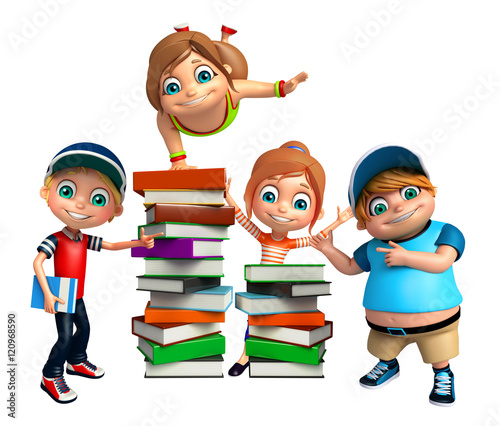 kid girl and kid boy with Book stack