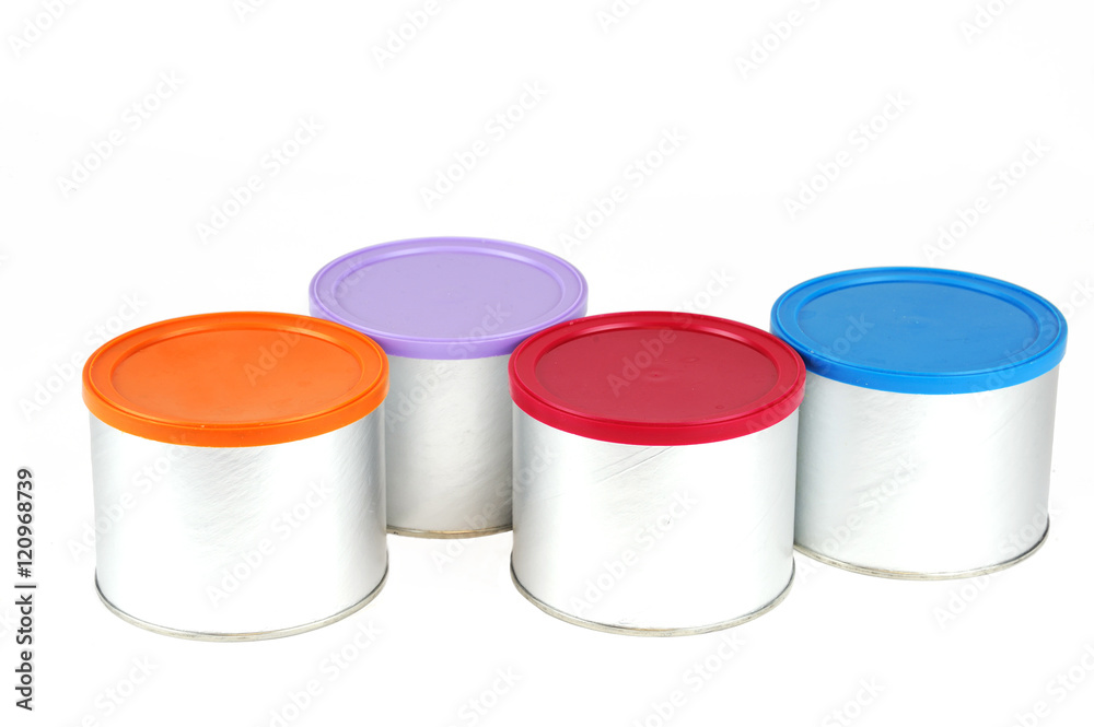 food cans with different color covers isolated on white background food cans with different color covers isolated on white background