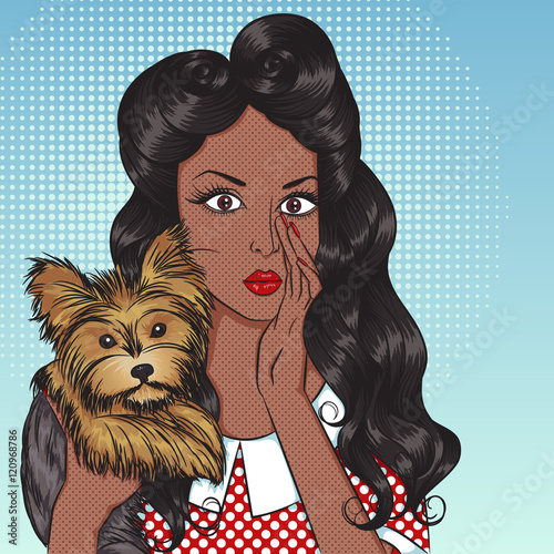 Portrait of sexy african american girl with little dog Yorkshire Terrier in the pop art style. Vector illustration of retro girl in comics style. Vintage advertising poster