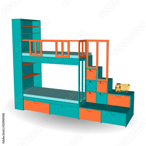 Baby bunk blue bed with ladder in room. Furniture for Children 3d. Side view. Vector illustration on a white background. 