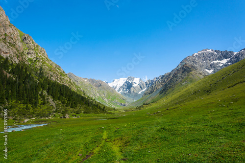 Mountain landscape with snow-capped peaks, Kyrgyzstan.