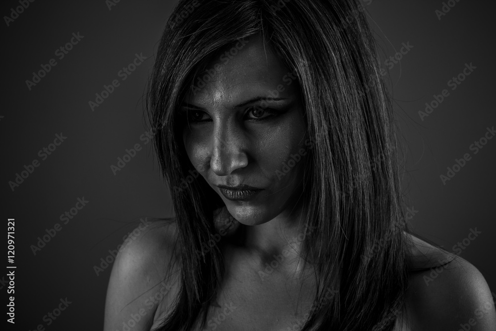 brunette woman with sad and sorry face, concept of sadness and g brunette woman with sad and sorry face, concept of sadness and g