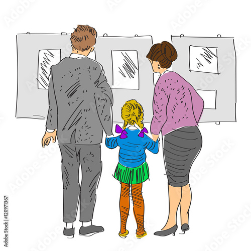 sketch of family standing in gallery and watching art, hand drawn illustration