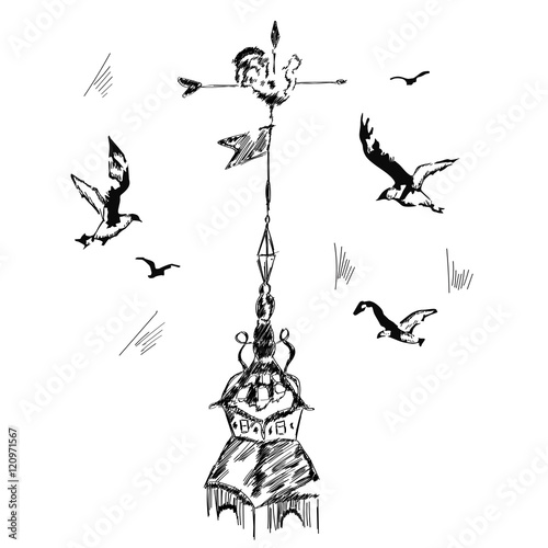 sketch of old chicken metal weather vane, wind vane, or weathercock on top roof, hand drawn illustration