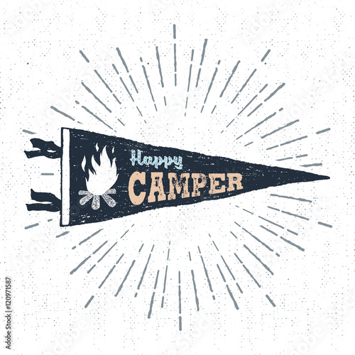 Hand drawn adventure pennant flag vector illustration and "Happy camper" inspirational lettering.