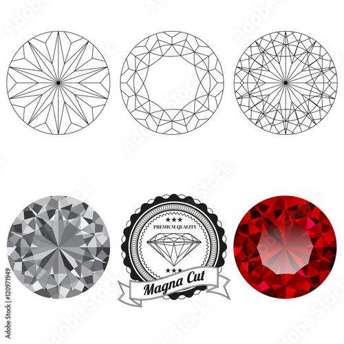 Set of magna cut jewel views isolated on white background - top view, bottom view, realistic ruby, realistic diamond and badge. Can be used as part of logo, icon, web decor or other design.
