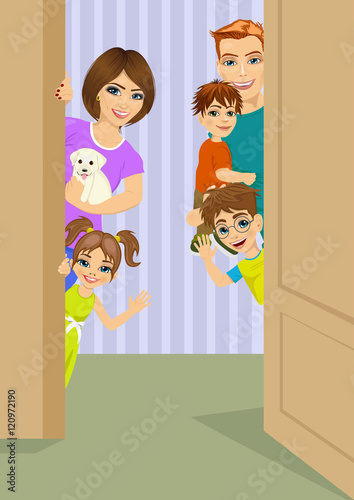happy family peeking behind door