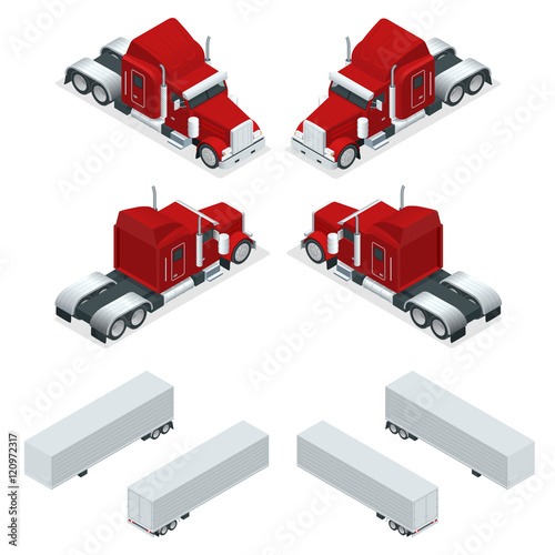Isometric American Show truck tractor. Transporting large loads over long distances. Logistics network. Intermodal freight transport.