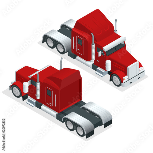 Isometric American Show truck tractor. Transporting large loads over long distances. Logistics network. Intermodal freight transport.