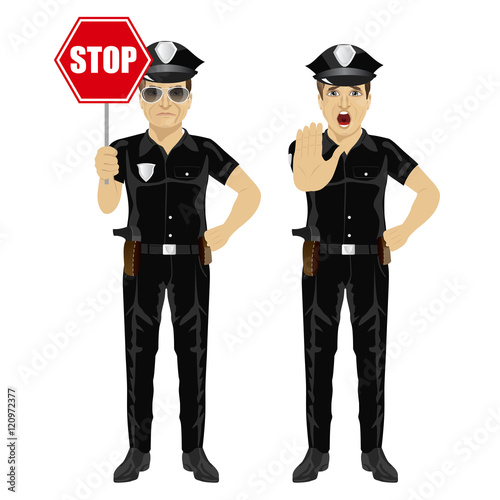 two policemen holding stop sign and showing stop gesture