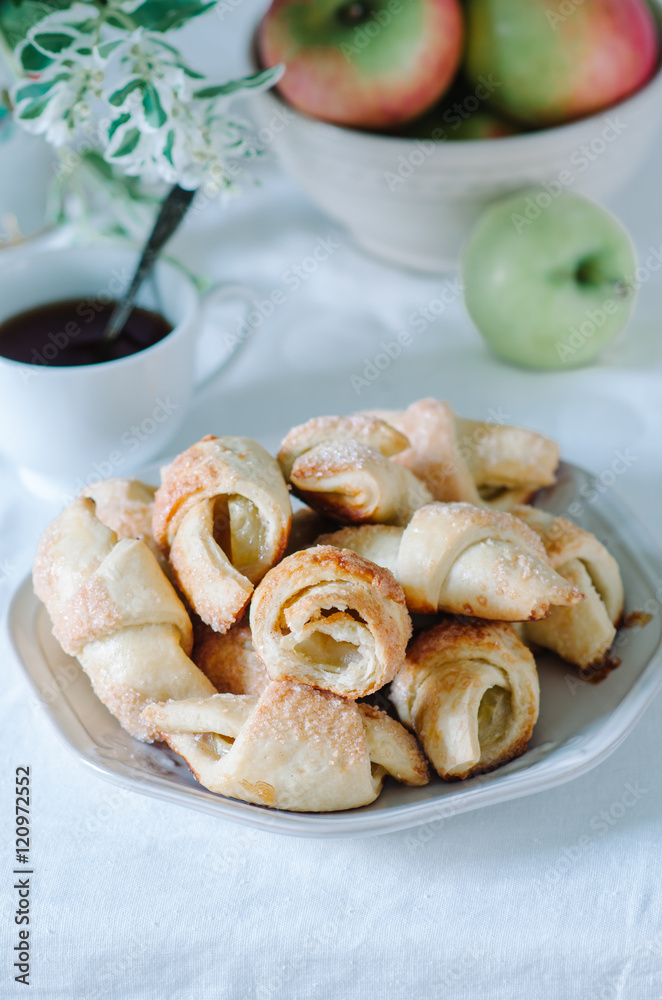 Breakfast with small homemade croissants in rustic style Breakfast with small homemade croissants in rustic style