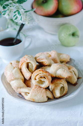 Breakfast with small homemade croissants in rustic style