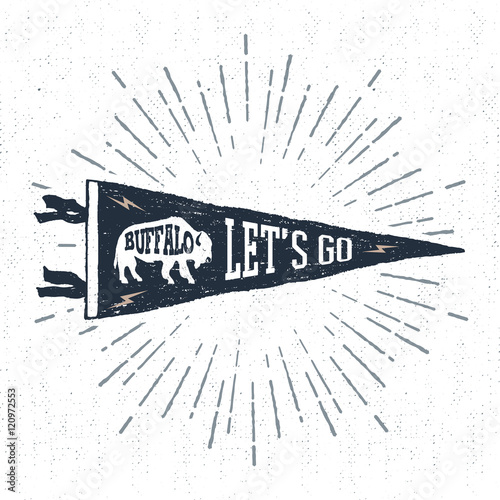 Hand drawn adventure pennant flag vector illustration and "Let's go" inspirational lettering.