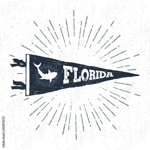 Hand drawn adventure pennant flag vector illustration and "Florida" lettering.