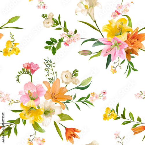 Fototapeta Naklejka Na Ścianę i Meble -  Vintage Spring Flowers Backgrounds - Seamless Floral Lily Pattern
