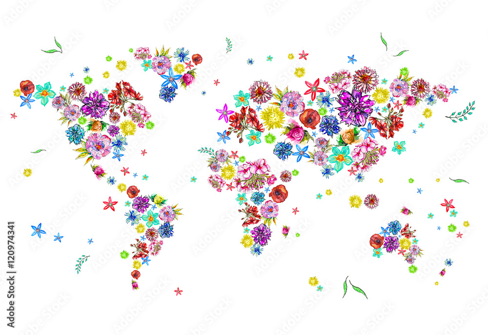 Watercolor illustration of world map in flowers