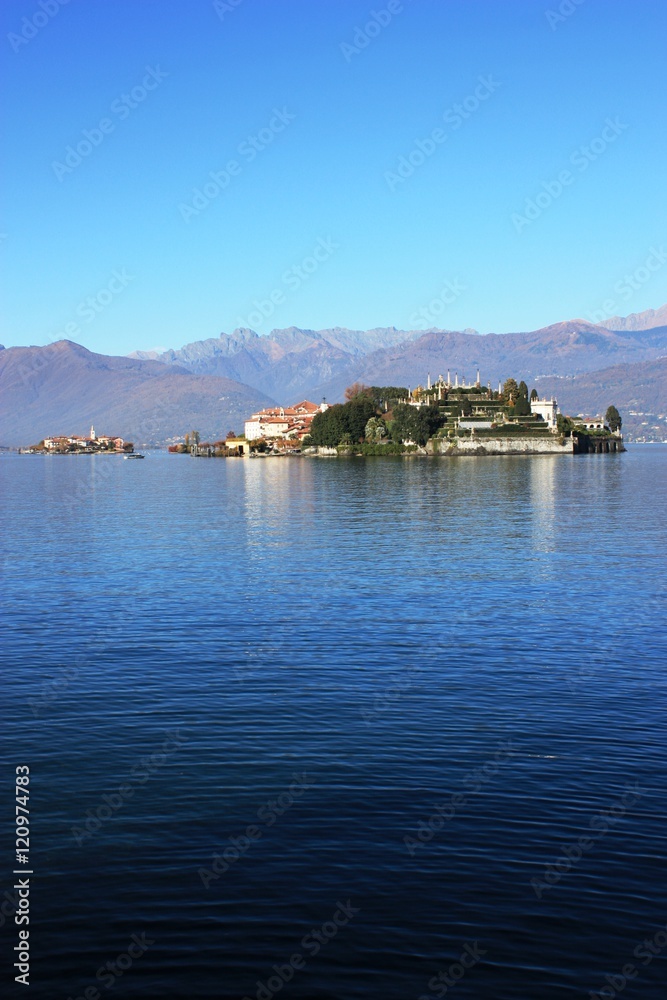 View to Borromean Islands at Lake Maggiore from Stresa, Piedmont Italy