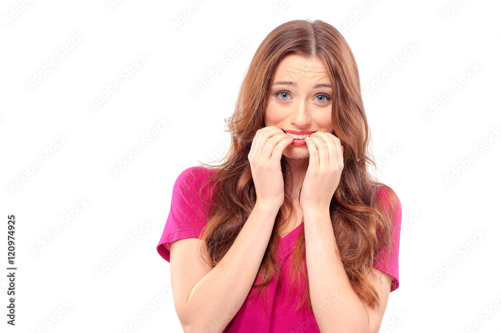 portrait of a young beautiful caucasian woman scared and afraid with wide opened eyes isolated on a white background portrait of a young beautiful caucasian woman scared and afraid with wide opened eyes isolated on a white background