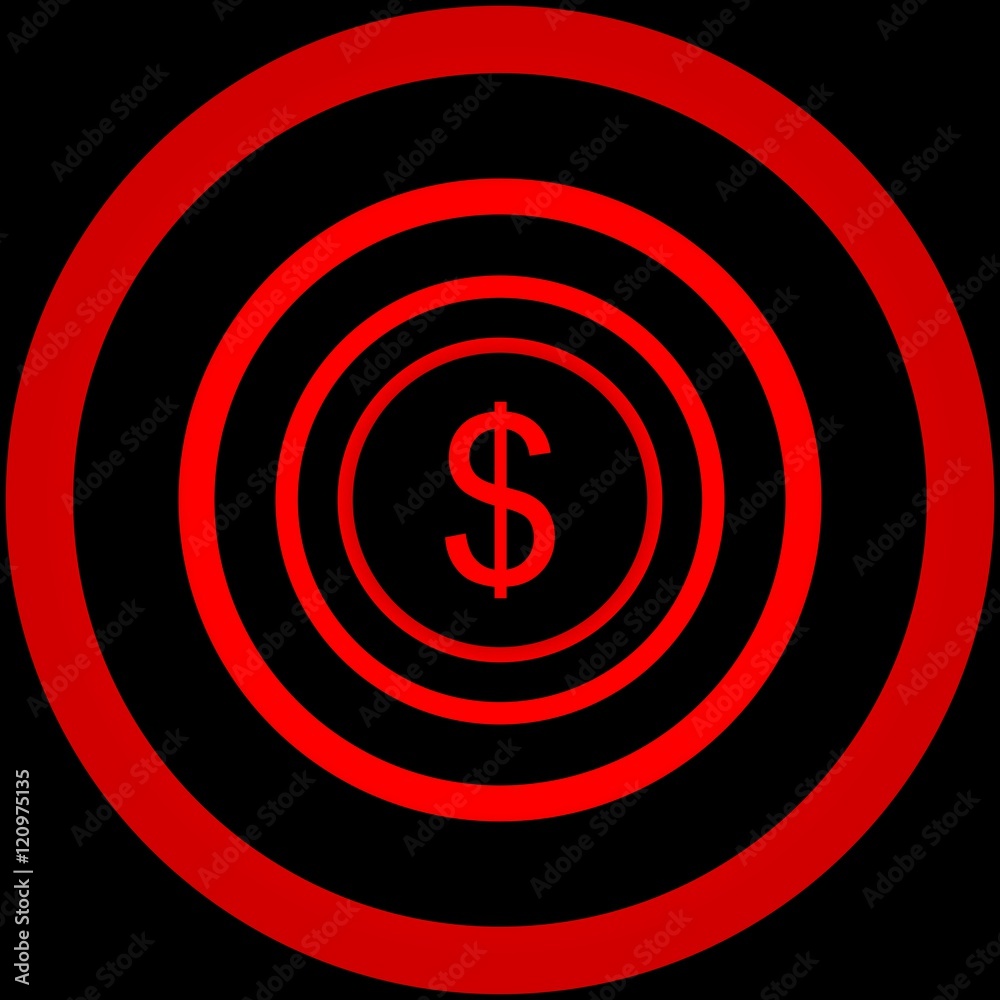 Falling dollar sign surrounded by red circles - visual illusion. Falling dollar sign surrounded by red circles - visual illusion.