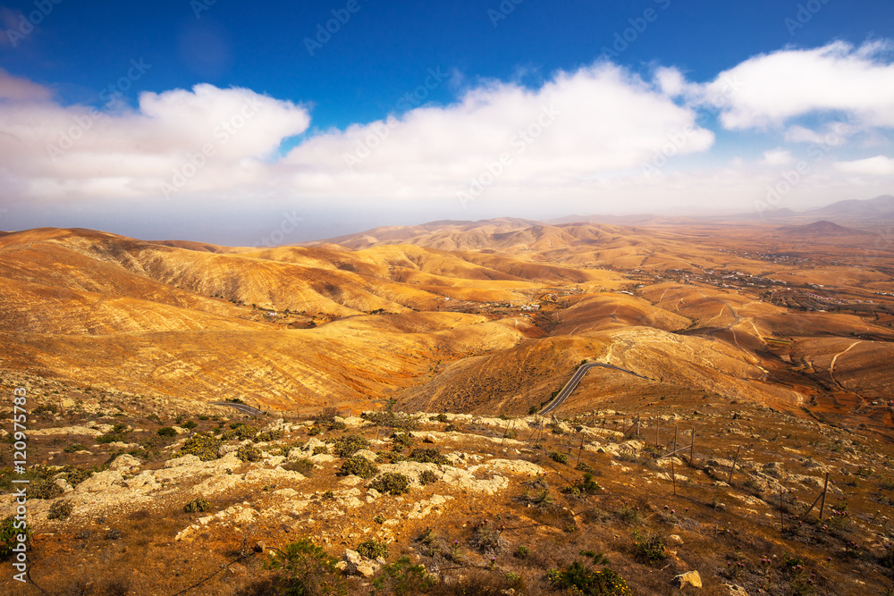 Beautiful view to vulcanic landscape of Fuerteventura  Island from Morro Velosa view point near Betancuria village.