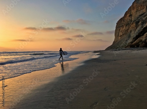  Surfer walking on the beach at sunset, Black's Beach, La Jolla, California, USA