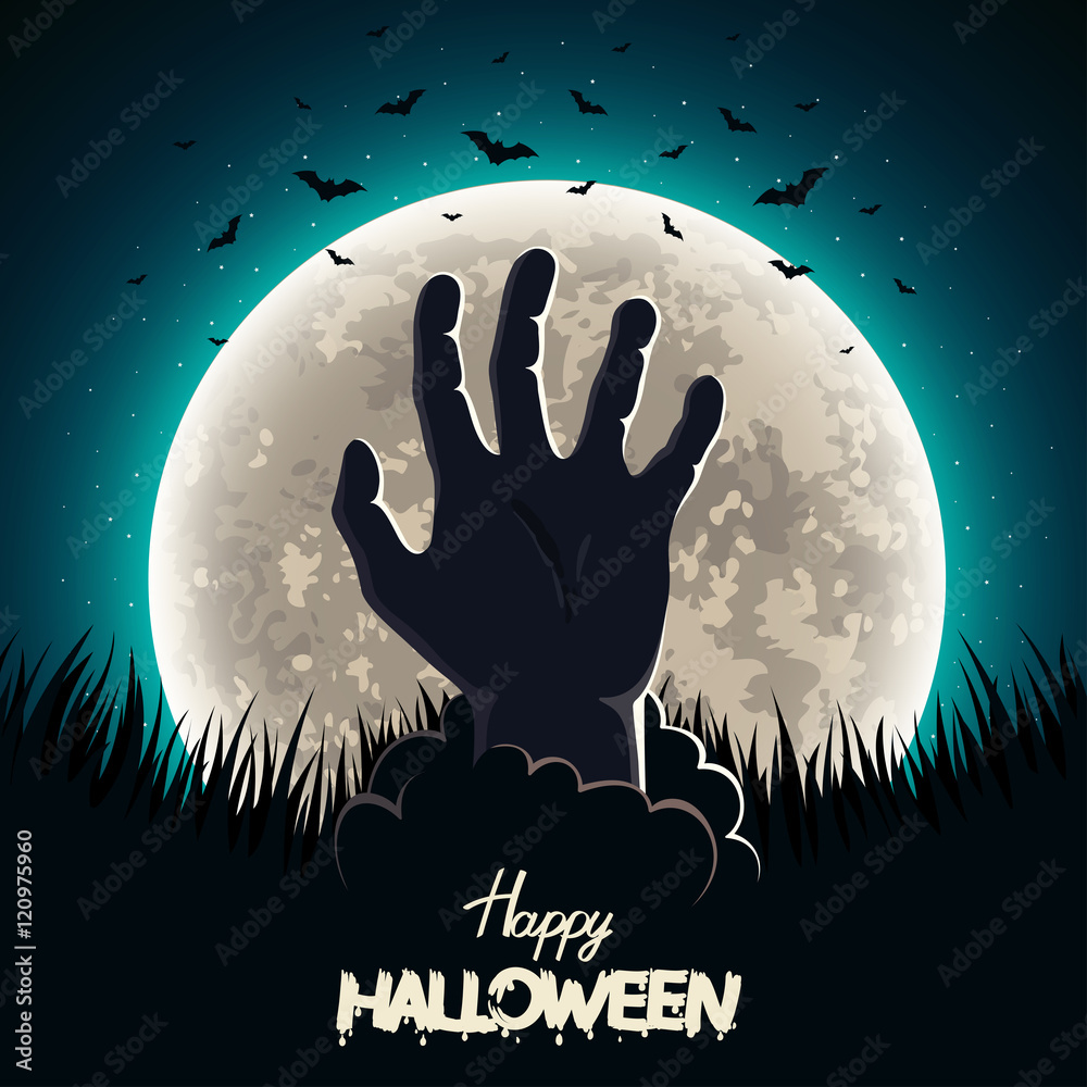 Halloween night - silhouettes hand on the moon background. Vector design poster illustration. Eps 10