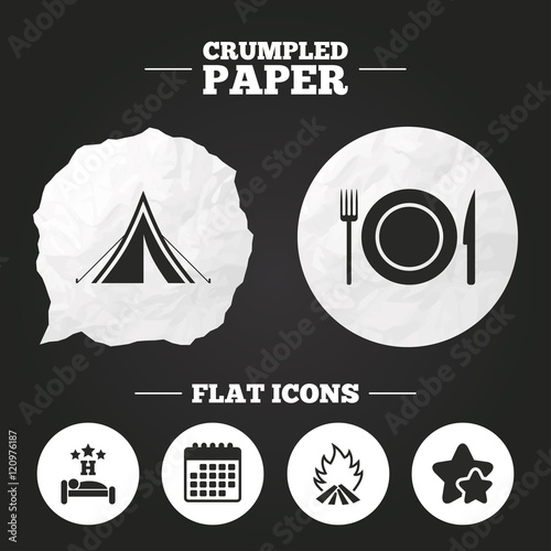 Food, sleep, camping tent and fire signs.