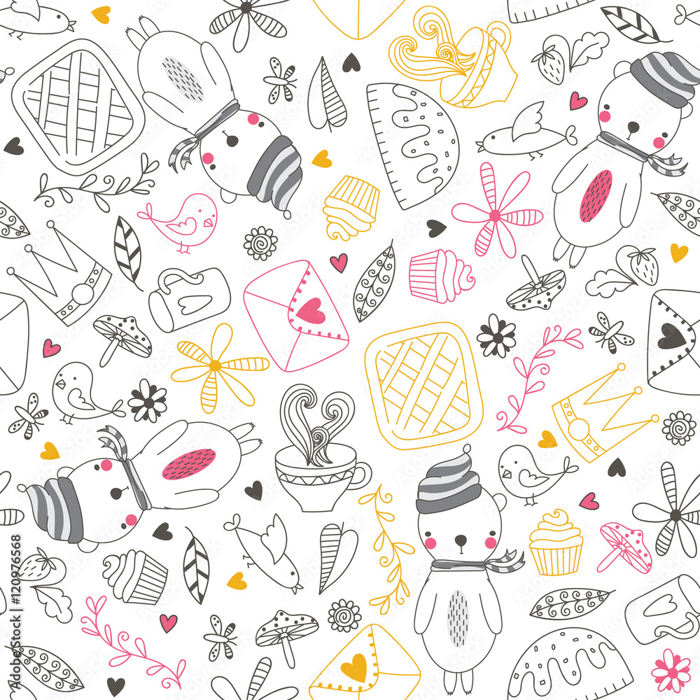 Seamless doodle background with cute bear. Seamless doodle background with cute bear.